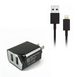 Dual USB Home Charger with 8 pin 5ft Cable 2.1A- BLACK
