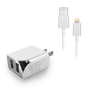Dual USB Home Charger with 8 pin 5ft Cable 2.1A- WHITE